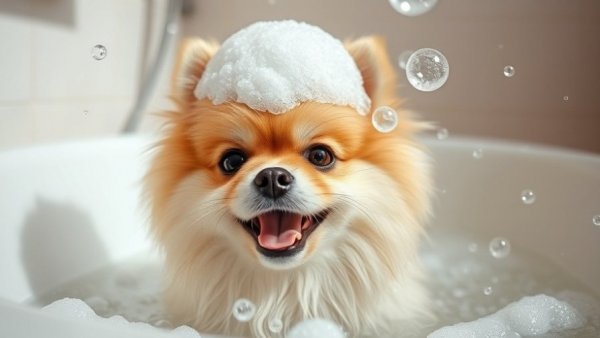 Fluffy dog enjoying a bubbly bath, winter dog grooming tips.