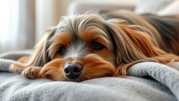 Long-haired dog lying calmly, related to Cushing's Disease in Dogs.