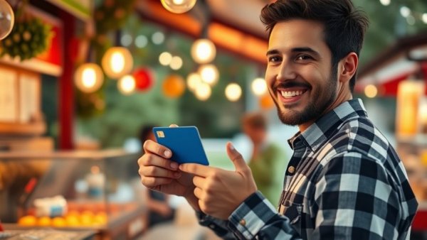 Outdoor transaction with blue credit card at food stand, highlighting card payment convenience.