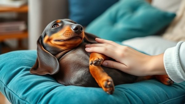 Happy dachshund dog enjoying belly rubs on teal cushion, promoting gut-brain health.