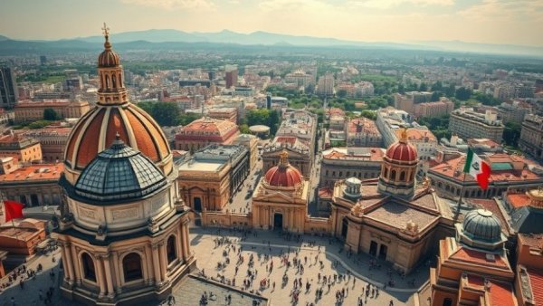 Aerial view of Mexico City with iconic domes and bustling streets.