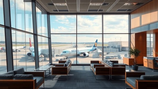 Denver International Airport expansion with modern lounge seating area overlooking runway.