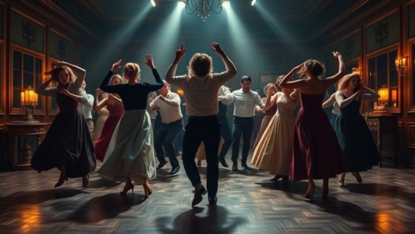 Scene from The Testament of Ann Lee with dancers in period costumes.