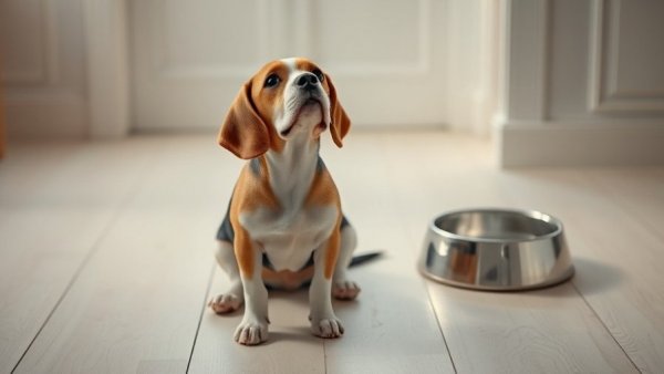 Beagle with empty bowl and hopeful expression on wooden floor, iodine for dogs health.