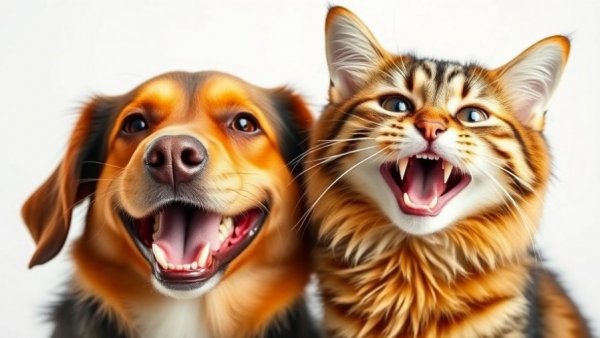 Happy dog and cat with clean teeth promoting pet dental health.