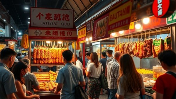 Michelin-Starred street food stall with roasted meats and customers in bustling night market.