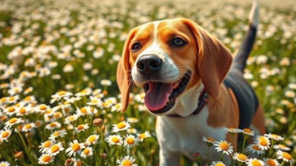 Beagle sniffing chamomile flowers, highlighting chamomile benefits for dogs.