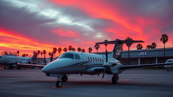 JSX turboprop aircraft at Santa Monica airport during sunset.