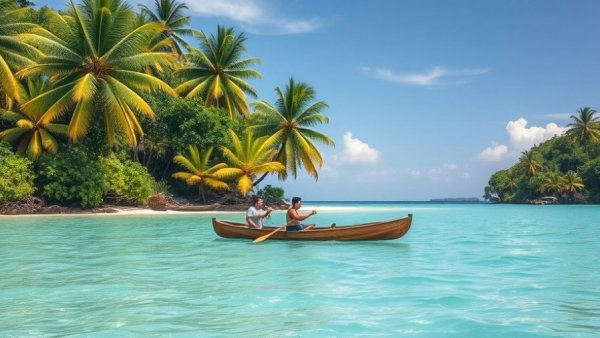 Exploring Portobelo Panama Culture: Tropical island with canoeists in turquoise waters.
