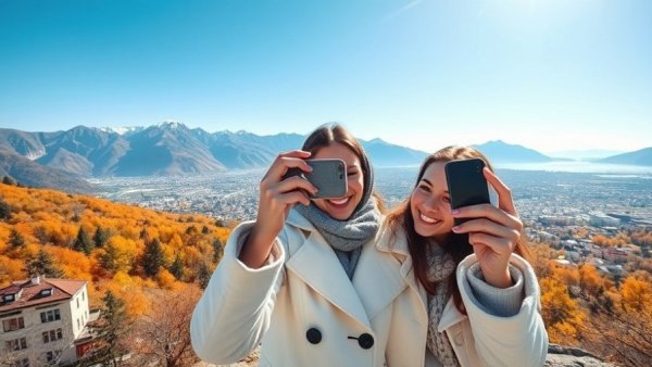 Woman taking photo of mountain view, vibrant autumn colors, premium travel experience.