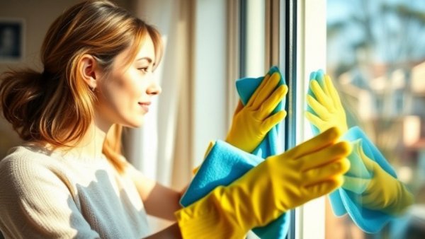 Move Out Cleaning Checklist: Woman washing window in sunlight.