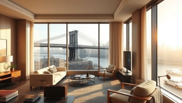 Brooklyn hotel room with skyline and bridge views