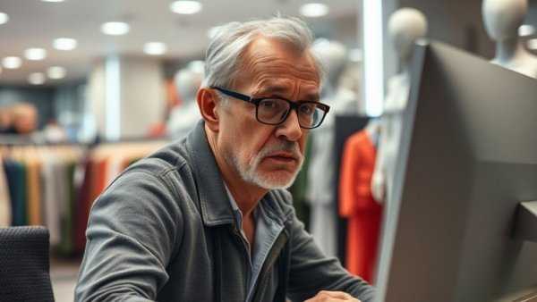 Older man working on a computer in a retail store, concerned about automation impact.
