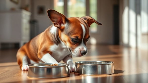 Dog eating anti-inflammatory foods for dogs from a bowl indoors.