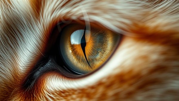 Cat's eye close-up showing pet eye discomfort symptoms.
