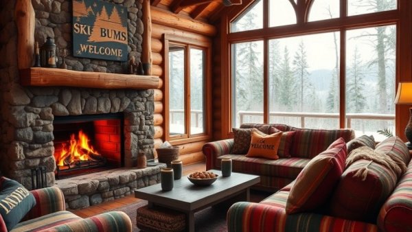 Cozy Vermont Airbnbs ski trip living room with fireplace view.