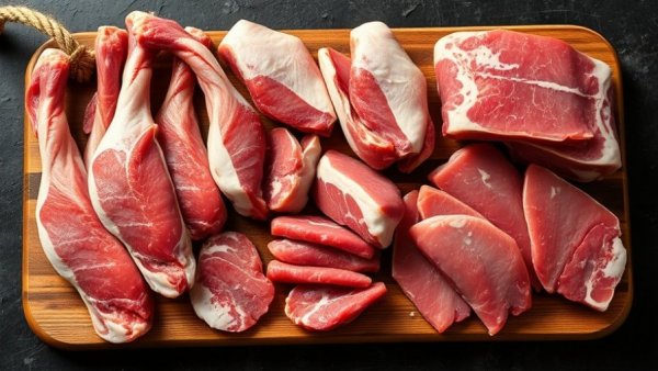 Raw duck meat cuts on a wooden board for pet food.