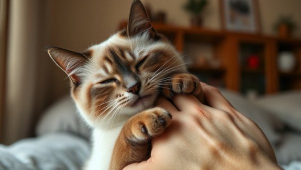 Siamese cat affectionately rubbing against a hand, Why Cats Rub Against You concept.