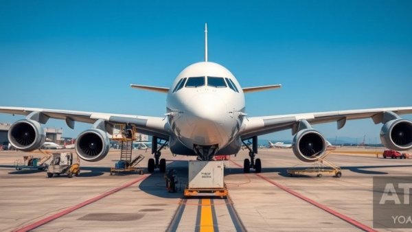 Airplane on tarmac with cargo loading, sunny airport day.