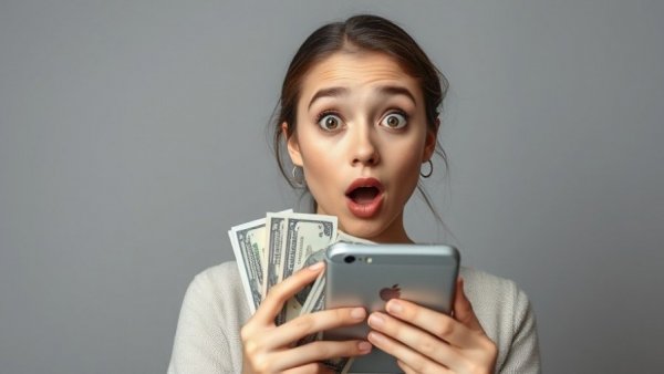 Surprised woman with phone and money, New Year's resolutions to save money.