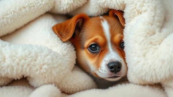 Cute dog peeking from blankets for anxiety reduction