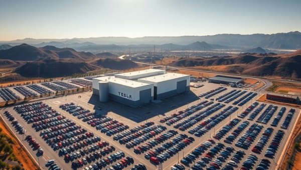 Aerial shot of Tesla factory with cars parked, highlighting potential reasons to regret buying Tesla Cybertruck.