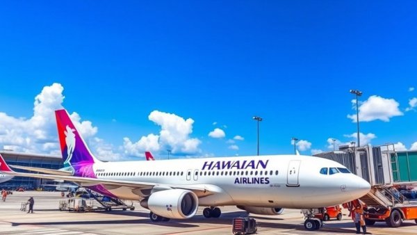 Hawaiian Airlines aircraft at gate A20 on a sunny day.