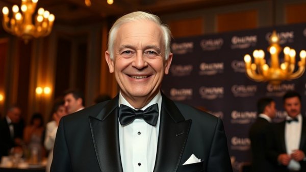 Older man in tuxedo smiling at formal event backdrop.