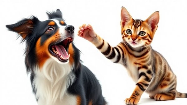 Pet health paw preference: playful cat and attentive dog.