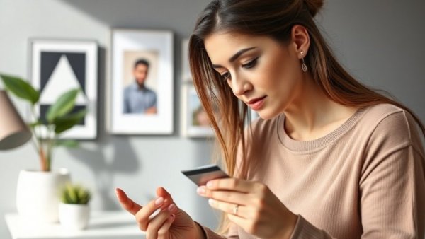 Woman analyzing credit card details in bright home office.
