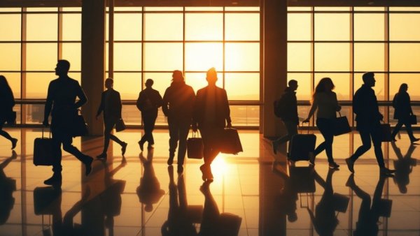 Silhouetted travelers in airport, golden sunlight, bereavement fares