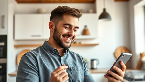 Young man boosting credit score quickly by using credit card and smartphone in modern kitchen.