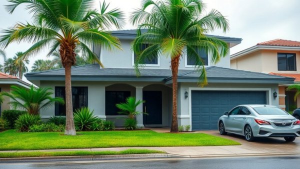 Contemporary Florida house with palm trees; down payment assistance Florida towns.