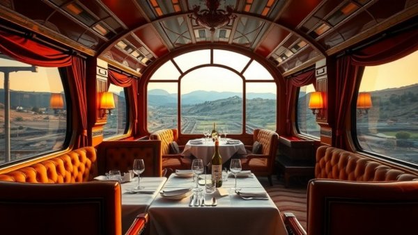 Luxurious vintage train travel in America with elegant interiors and scenic views.