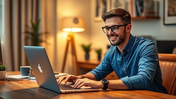 Young man working from home on a laptop desk, best side hustles from home setup.