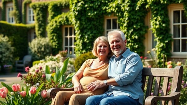 Middle-aged couple enjoying a sunny garden, symbolizing financial wellness.