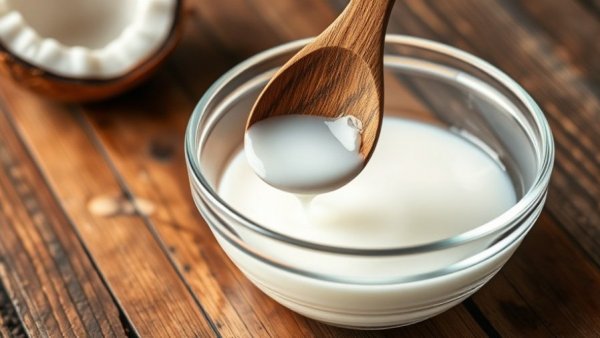 Coconut oil benefits for pets depicted with oil in a glass bowl.