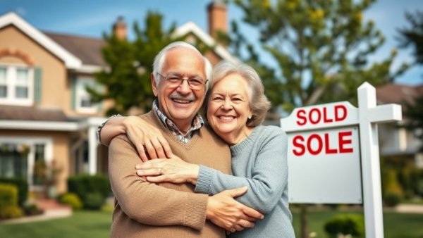 Happy elderly couple celebrating home sale, symbolizing home equity for retirement.