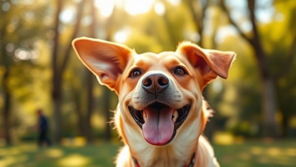 Cheerful tan dog in park related to ear hematomas.