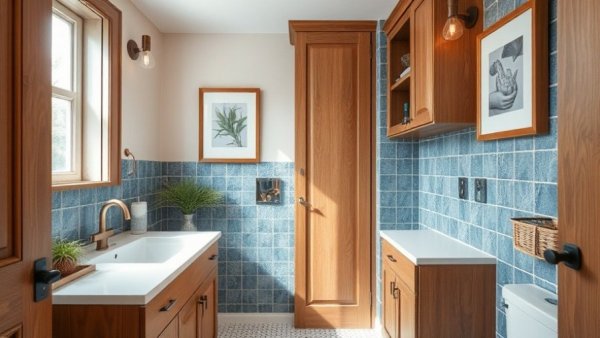 5×7 bathroom remodel with elegant blue tiles and wood cabinetry.