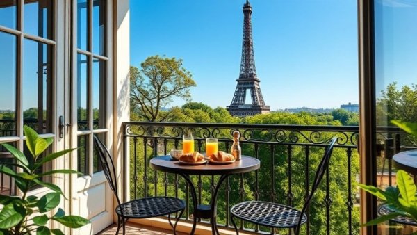 Parisian Airbnb balcony with Eiffel Tower view, croissants on table.