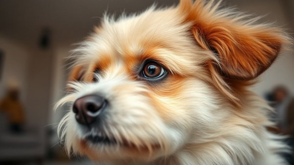 Close-up of dog with cherry eye, concerned expression