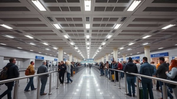Modern airport terminal with passengers in line for passport control.