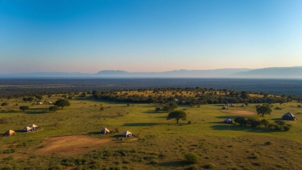Aerial view of Tanzania safari camp spread across green landscape.