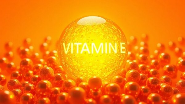Glowing Vitamin E orb illustration with vibrant orange background.