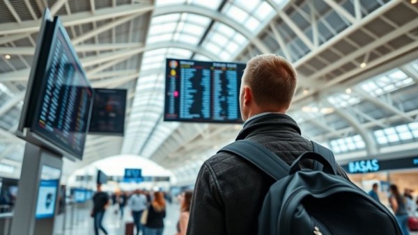Heathrow Airport terminal interior with traveler and digital flight board.