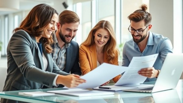 Professionals discussing documents in modern office - Real Estate Advice for Buyers.