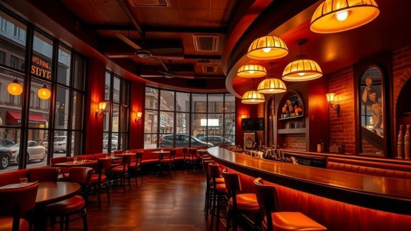 Cozy restaurant interior in West Village with bar and retro decor.