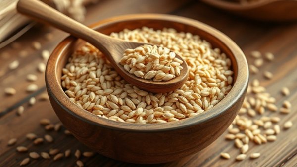 Barley grains in wooden bowl with spoon representing barley in pet diets.