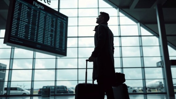 Traveler checks flight cancellations due to winter storm at airport.